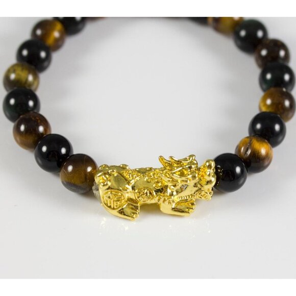 Tiger's Eye Wealth Good Luck Bracelet 8mm Round Beads Stretch Gold-Tone Dragon - Picture 2 of 6